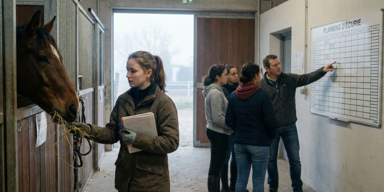 Candidat adulte attentif lisant des fiches de révision équestres assis dans une sellerie