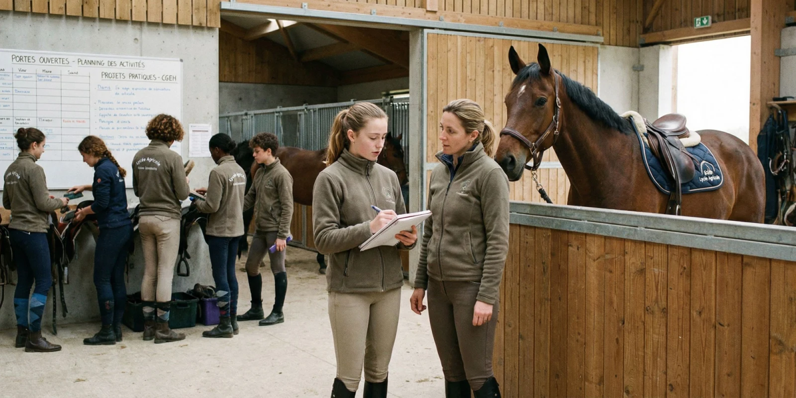 Apprenant en palefrenier menant un cheval à la longe avec chambrière orientée vers les jarrets
