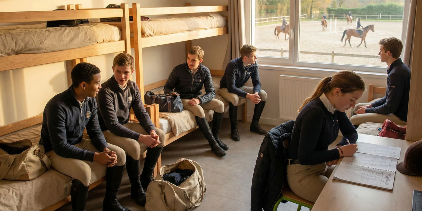 Lycées agricoles et MFR : où préparer le CAPA Palefrenier ? Allée extérieure d'un lycée agricole équestre avec boxes spacieux et élèves en uniforme de travail