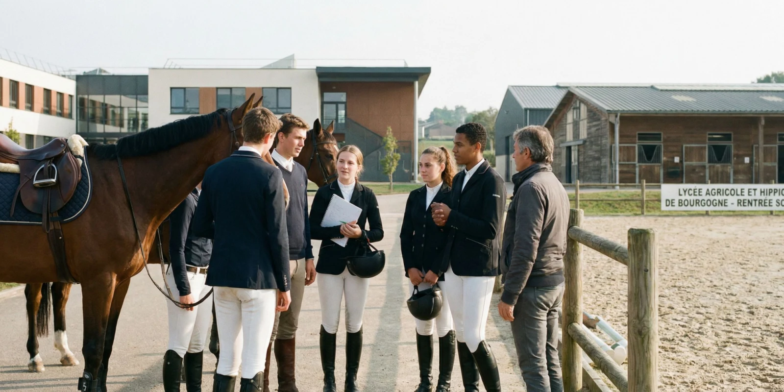 Femme adulte souriante pesant des granulés pour chevaux dans un seau doseur en écurie