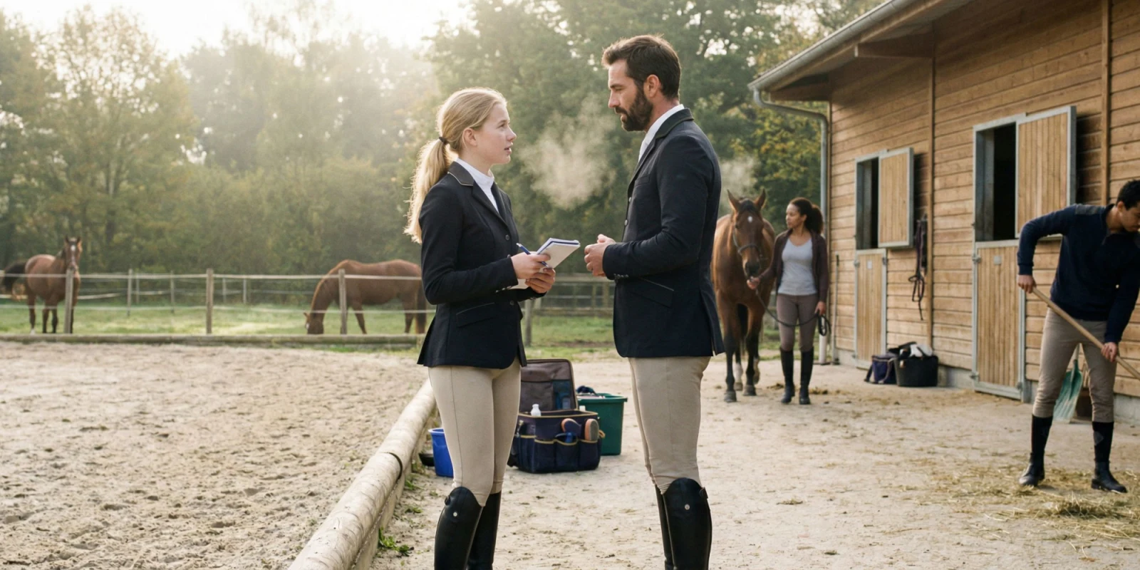 Après le CAPA Palefrenier : poursuite d'études et filières Jeune soigneur en discussion avec son tuteur d'écurie devant des boxes bien entretenus