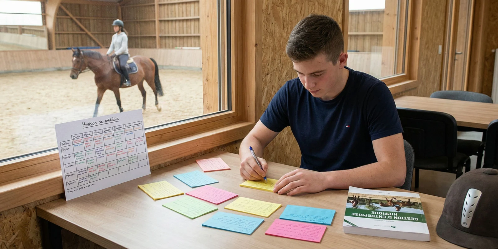 Jeune candidat souriant consultant ses résultats officiels d'examen équestre sur son smartphone
